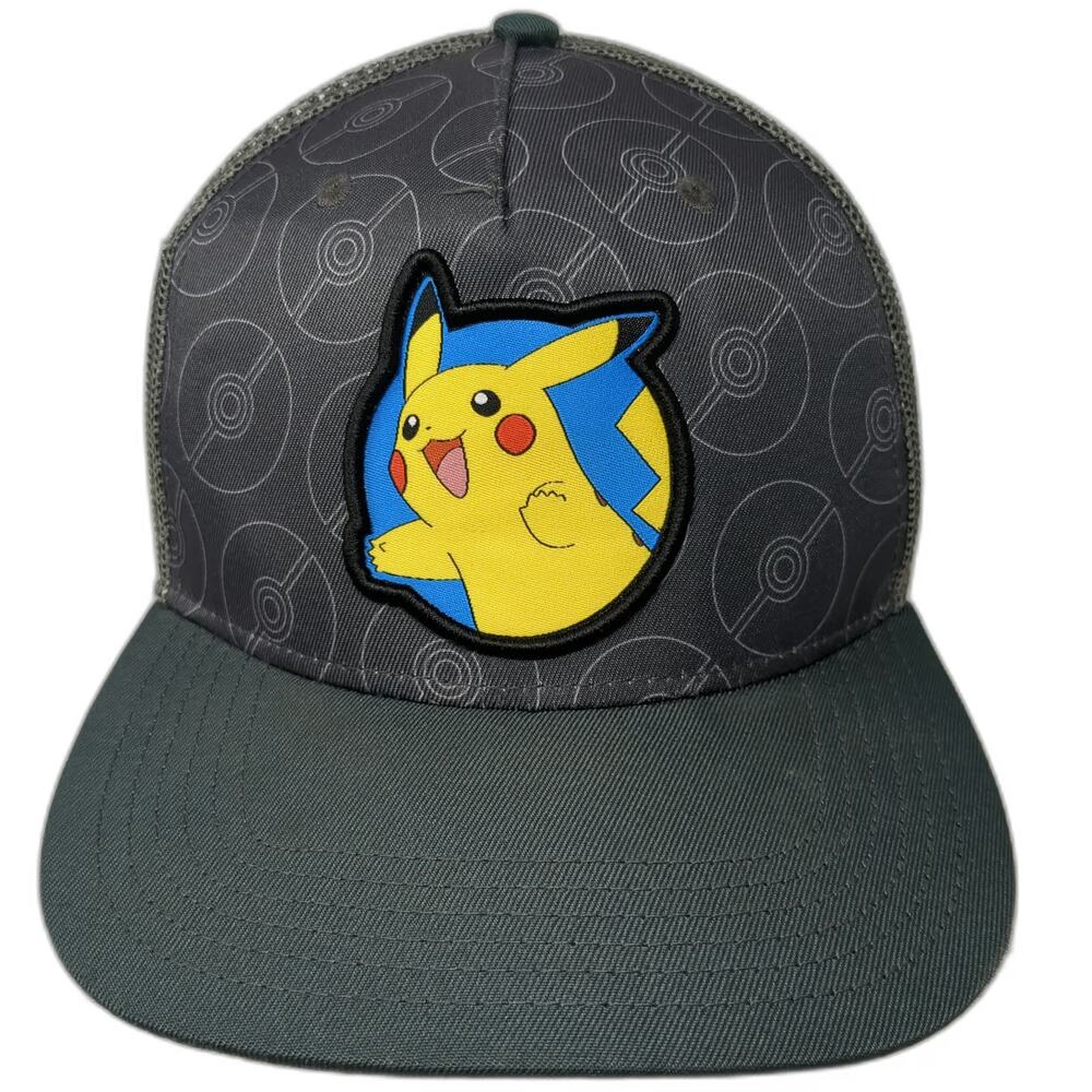 Pokemon Trucker Hat Gray One Size Pikachu Poke Ball Mesh Snapback Flat Brim Logo